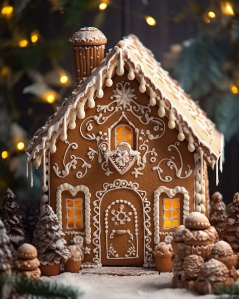 Gingerbread House Decorations Candy, Ginger Bread Design Ideas, Brown And White Gingerbread House, Nordic Gingerbread House, Gingerbread House Fireplace, Candy Gingerbread House Ideas, Decorating A Gingerbread House, Cool Gingerbread House Ideas Easy, Holiday Home Decor Christmas