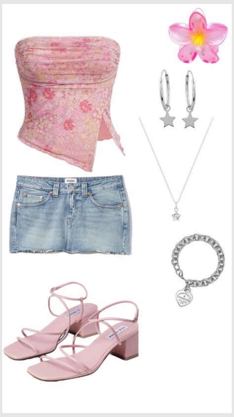 Mini Skirt Summer Outfit, Strapless Top Outfit, Pink Strapless Top, Denim Skirt Outfit Summer, Denim Skirt Outfit, Mini Skirt Summer, Skirt Outfits Summer, Denim Skirt Outfits, Classy Prom Dresses