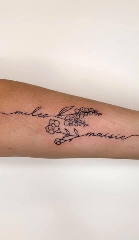 Tattoos For Moms Of Two, Tattoo Ideas For Women With Sons, Tattoo Sleeves With Words, Tattoos For Daughters Name, Tattoo With Daughters Name, Simple Tattoos For Daughter, Birth Flower Tattoo On Forearm, Signature Tattoo With Flower, Tattoo Ideas For Your Daughter