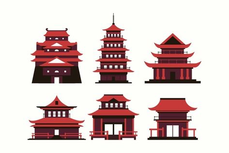 Japanese temples in flat design Free Vec... | Free Vector #Freepik #freevector #design #house #building #japan Japanese Shrine Drawing, Japanese Building Drawing, Japanese Shrine Art, Japanese Temple Minecraft, Japanese Temple Drawing, Japanese Temple Art, Japanese Architecture Drawings, Temple Vector, Asymmetric Blazer