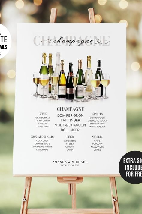 This editable Canva Champagne Bar Menu Template includes a list with 230 popular cocktails with ingredients and measurements. It also includes 265 high resolution images that you can choose from, for you to have the freedom to create your personalized specialty cocktails! Easily change the fonts, font colors, sizes and images to match your unique style! Wedding Bar Menu Template, Signature Wedding Drinks Sign, Non Alcoholic Beer, Signature Cocktail Sign, Wedding Signature Drinks, Cocktail List, Specialty Cocktail, Bar Menu Wedding, Champagne Bar