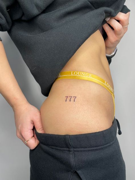 777 Tattoo Placement, Angel Number Hip Tattoo, 444 Hip Tattoo, 444 Tattoo Hip, Angel Number Tattoo Placement, Number Tattoo Placement, 777 Tattoo Design, 777 Angel Number Tattoo, 111 Tattoo Ideas