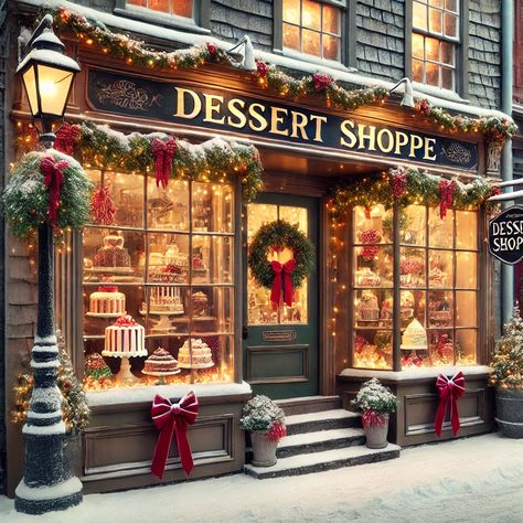 Christmas Storefront Ideas, Christmas Bakery Display, Christmas Cafe Bloxburg, Cafe Christmas Decor, Christmas Bakery Shop, Christmas Shopping Aesthetic, Christmas Store Displays, Christmas Stores, Christmas Shop Displays