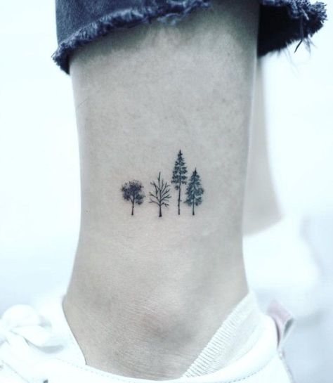 3 Tree Tattoo, Tree Doodle Tattoo, Birth Tree Tattoo, Small Trees Tattoo, Simple Forrest Tattoo, Two Leaves Tattoo, Dainty Nature Tattoos For Women, Tree Seasons Tattoo, Back Of Arm Tree Tattoo