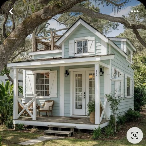 Mini House In Backyard, Small House With Sunroom, Tiny Home Outside, Light Blue Theme, Cute Small Houses, Cottage Tiny House, Shed Tiny House, Tiny House Exterior, Small Cottage Homes