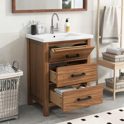 Modern 24'' Bathroom Vanity with Ceramic Basin Sink and 3 Drawers - Bed Bath & Beyond - 38411980 Brown Bathroom Vanity, 24 Inch Bathroom Vanity, Bathroom Vanity Storage, Grain Design, Bathroom Vanity Cabinet, Small Bathroom Vanities, Ceramic Basin, Brown Bathroom, Guest Bathrooms