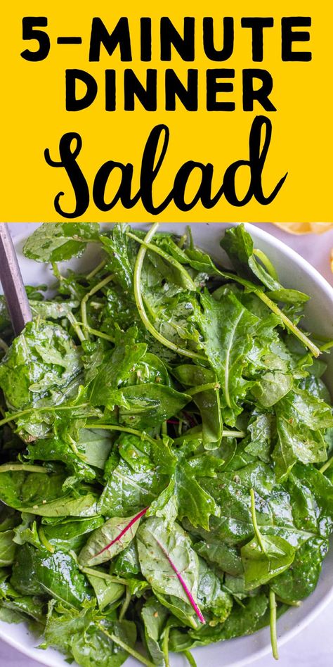 This easy and delicious 5 minute dinner salad is made with a box of spring mix and just a few pantry staples! It will make you excited to eat salad and it goes great with pizza, pasta, soup, sandwiches and so much more! #dinnersalad #saladrecipe #5minutemeal #dinnersidedish Dressing For Spring Mix Salad, Recipes With Spring Mix Lettuce, Spring Mix Recipes Not Salad, Pitch In Salad Ideas, Simple Mixed Green Salad Recipes, Salad With Spring Mix Recipe, Salad To Go With Quiche, Light Side Salad, Baby Spring Mix Salad Recipes