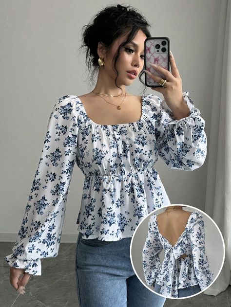 Women's Casual Ditsy Floral Cinched Waist Puff Sleeve Shirt, Spring & Summer Blue and White Boho  Long Sleeve Woven Fabric Floral,Plants,All Over Print Peplum Non-Stretch  Women Clothing, size features are:Bust: ,Length: ,Sleeve Length: Floral Tops And Jeans, Trendy Tops For Women Casual, Long Sleeve Blouse Outfit, Floral Top Outfit, Peplum Top Outfits, Short Kurti Designs, Stylish Kurtis Design, Fashion Top Outfits, Cute Dress Outfits