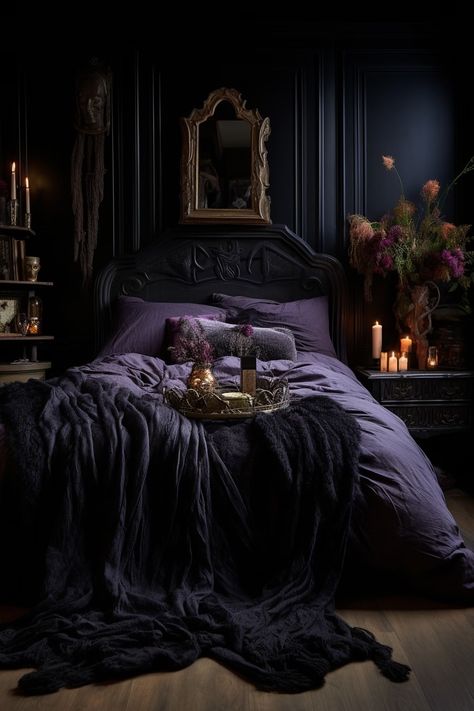 Dark Feminine Decor, Romantic Goth Room, Gothic Apartment, Goth Bedroom Ideas, Spooky Room, Feminine Interior, Wizard Tower, Dark Cozy Bedroom, Dark And Moody Bedroom