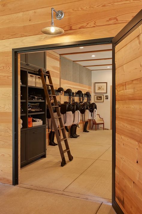 Step into a tack room designed by McClellan Architects Stables Tack Room, Horse Barn Interior, Luxury Horse Barns, Tack Room Organization, Horse Tack Rooms, Barn Layout, Stable Style, Horse Barn Ideas Stables, Loafing Shed