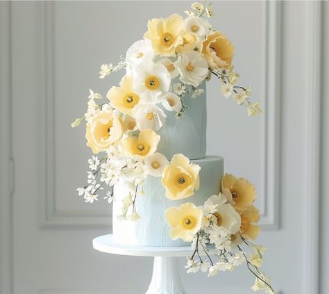 Yellow Blue Wedding Cake, Light Blue And Yellow Wedding Cake, Blue And Yellow Wedding Cake, Blue And Yellow Wedding, Yellow Wedding Cake, Sugar Flowers Cake, Flower Cakes, Fresh Flower Cake, Yellow Theme