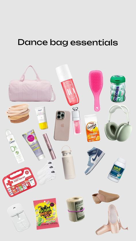 What To Keep In Your Gym Bag For School, Dance Emergency Kit, What To Pack In A Dance Bag, What To Put In Your Dance Bag, What To Keep In Your Dance Bag, Dance Bag Essentials List, Ice Skating Bag Essentials, Ballet Bag Essentials, Dance Bag Essentials