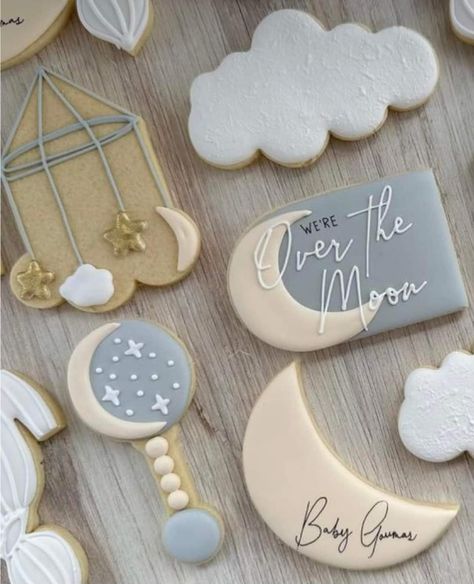 Over The Moon Cookies Decorated, Over The Moon Baby Shower Cookies, Over The Moon Cookies, Star Cookies Decorated, 2024 Cookies, Moon Stars Baby Shower, Moon Cookies, Star Baby Shower Theme, Icing Design