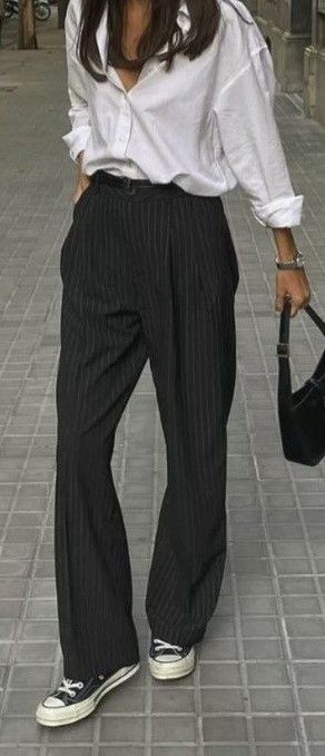 Corporate Sleaze Outfits, Styling Slacks Women, Pin Stripe Pants Outfit Aesthetic, Striped Slacks Outfit, Pinstripe Outfit Woman, Grey Pinstripe Pants Outfit Women, Slacks And Tshirt Outfit Women, Navy Pinstripe Trousers Outfit, Gray Pinstripe Pants Outfit Women