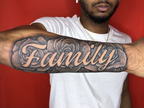 Tattoos For Men Family, Family Tattoo Forearm, Last Name Sleeve Tattoo, Bicep Tattoo Men Sleeve, Tattoo Ideas For Men Forearm Name, Four Arm Tattoos, Last Name Forearm Tattoo, Family Forearm Tattoo Men, Forearm Tattoo Designs Men