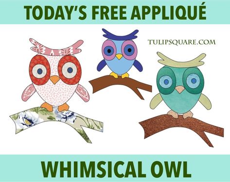 Free Appliqué Pattern - Whimsical Owl - TulipSquare.com Applique Templates Printable Free, Animal Applique Patterns, Applique Patterns Free Printable, Applique Patterns Free, Applique Designs Free, Holiday Quilt Patterns, Owl Sewing Patterns, Quilted Placemat Patterns, Free Applique Patterns