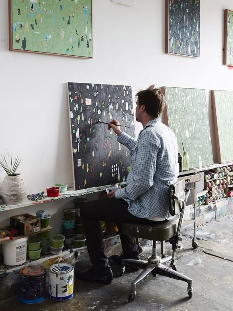 Artist Fred Fowler in his Footscray studio.  Photo – Eve Wilson for thedesignfiles.net Home Art Studios, Rangement Art, Art Studio Storage, Studio Painting, Art Studio Space, Art Studio Organization, Art Studio Room, Art Studio Design, Artistic Space