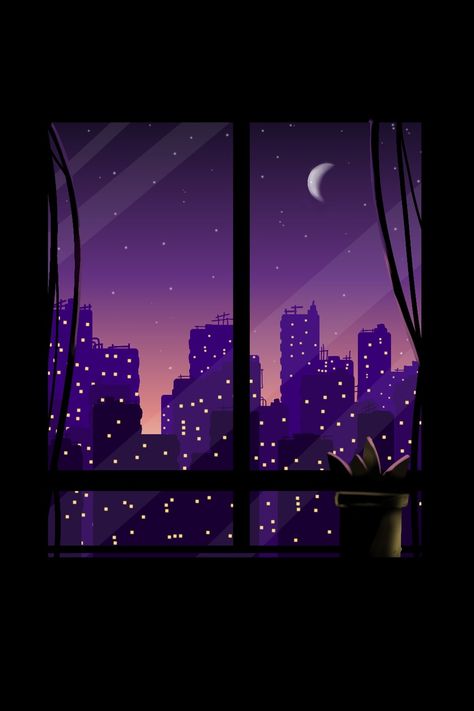 Moon Window Night, Night Window Illustration, City Through Window, Night View Drawing, Night View Painting, Night Scenery Painting, Purple Scenery, Room Aesthetic Dark, Window At Night