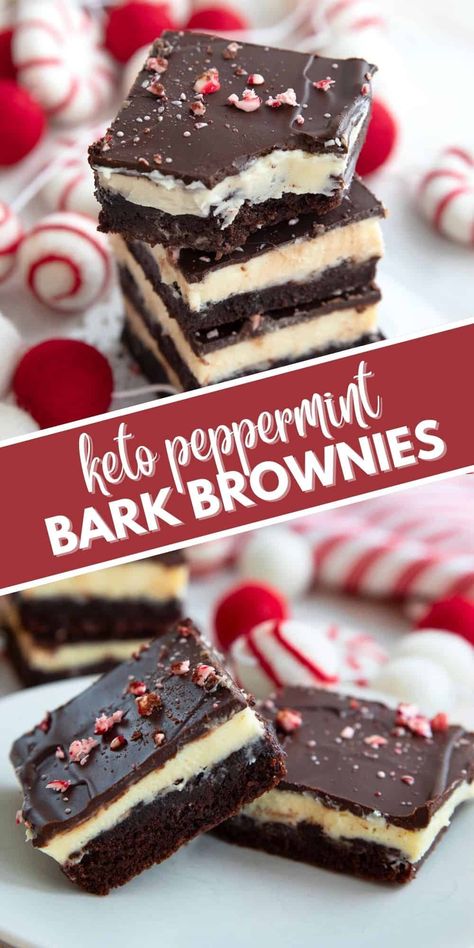 Keto Peppermint Bark Brownies have a tender brownie crust and a creamy white chocolate peppermint frosting. The perfect festive treat for chocolate lovers! Holiday Keto Desserts, Keto Peppermint Cookies, Keto Christmas Recipes Dessert, Keto Christmas Baking, Keto Christmas Desserts, Peppermint Bark Brownies, Keto Christmas Recipes, Peppermint Desserts, Peppermint Frosting