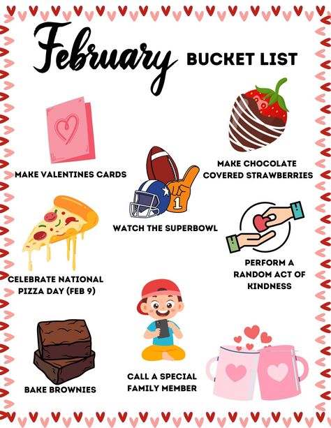 This fun and colorful February bucket list is a perfect family activity. This is a PDF  printable that can be instantly downloaded. Printable as many times as you like. This will print as an 8.5" X 11". You will NOT receive a physical copy. This is an INSTANT DOWNLOAD. For personal use only. You may not share, sell, or recreate any of my files. Thank you for supporting my small business! Please feel free to reach out to me with questions or if you need help! Valentine Bucket List, February Family Activities, February Bucket List, Family Bucket List, Abc Bible Verses, Bucket List Printable, February Activities, February Challenge, February Activity