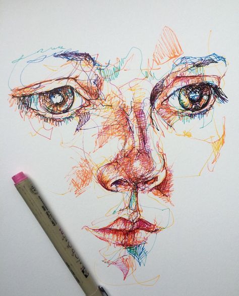 coloured pen fine liner portrait face drawing sketch line layers Colour Pen Sketches, Fine Liner Artworks, Coloured Pen Drawings, Colour Pen Drawing, Pen Work, Portrait Face, Layered Art, Pen Sketch, Art Video