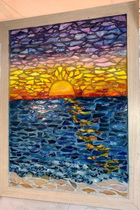 Mosiac Art Sunset, Galaxy Mosaic Art, Mosaic Canvas Art, Mosaic Sunset Ideas, Abstract Mosaic Art Easy, Mosaic Art Projects High School, Window Mosaic Ideas, Mosaic Sunset Over Water, Mosiac Art Paintings