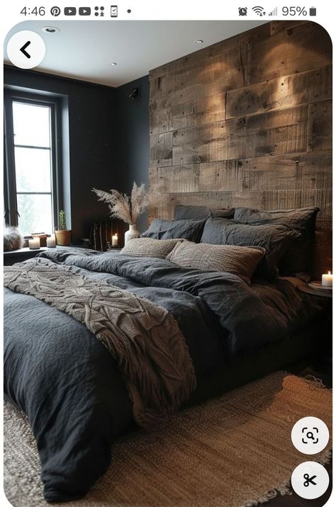 Dark Gray Duvet Bedroom Ideas, Master Bedrooms Decor Black, Grey And Wood Bedroom Ideas, Dark Farmhouse Bedroom, Black Rustic Bedroom, Muskoka Cottages, Vintage Apartment Decor, Vintage Apartment, Sage Green Bedroom