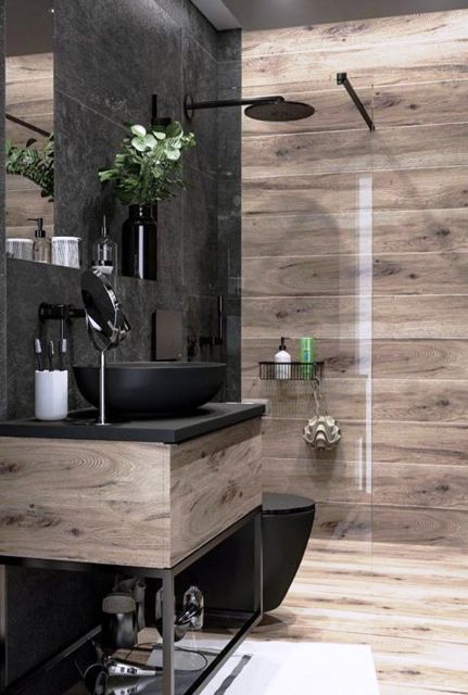 Bathroom Ideas Master Luxury, Modern Bathroom Design Contemporary, Contemporary Bathroom Inspiration, Light Stained Wood, Black Fixtures, Modern Small Bathrooms, White Bathroom Designs, Wooden Bathroom, Bathroom Inspiration Decor