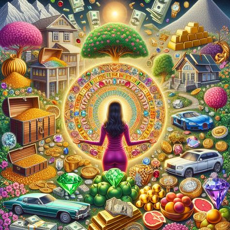 "Experience the power of wealth manifestation in this AI-generated image depicting abundant prosperity symbols. The person at the center channels positivity to visualize and attract wealth." #WealthManifestation #Abundance #ProsperitySymbols #PositiveThinking #VisualizationTechniques #PersonalSuccess. Learn more about wealth manifestations at the link. Symbol Of Wealth And Prosperity, Prosperity Symbol, Abundance Images, Zodiac Leo Art, Money Energy, Wealth Attraction, Quantum Healing, Lucky Wallpaper, Money Vision Board