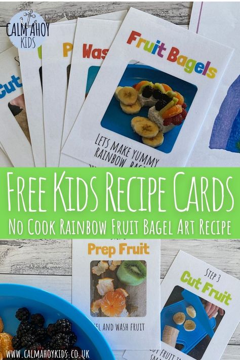 Visual Recipes For Kids Free Printable, Kids Recipe Cards, Visual Recipes For Kids, Hand Mixer Recipes, Rainbow Bagels, Fruit Rainbow, Healthy Food Art, Cooking With Kids Easy, Recipe Cards Printable Free