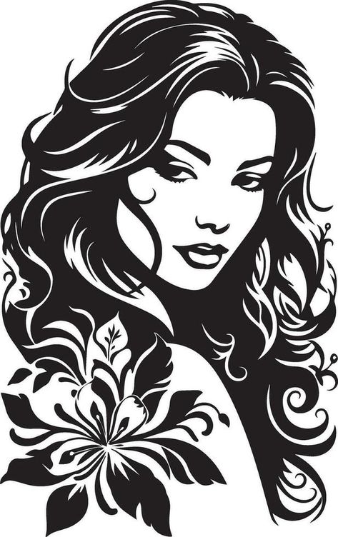 beautiful girl with flowers vector Rc 200, Costume Viking, Female Silhouette, Girl With Flowers, Disney Tattoo, Flowers Vector, Tattoo Stencil Outline, Girl Silhouette, Black And White Painting