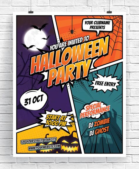 Comic Style Halloween Party Flyer PSD Template Comic Book Poster Design, Comic Inspired Poster, Comics Design Ideas, Comic Style Graphic Design, Halloween Comic Art, Comic Book Graphic Design, Halloween Pubmat, Comic Design Ideas, Comic Design Layout