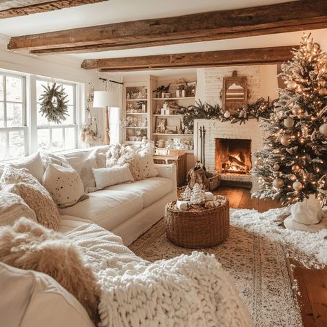 Interior Design Living Room Christmas, Christmas Farmhouse Living Room, Christmas Decorating Styles, Cottage Core Family Room, Christmas Interior Decor Living Rooms, Christmas Styles Decor, Christmas Boho Decor Ideas, Minimalist Christmas Living Room, Christmas Aesthetic Living Rooms