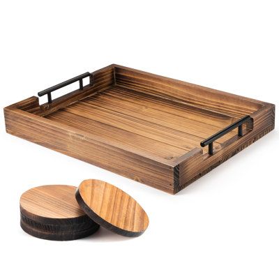 Enjoy your breakfast in bed, have your snacks and drinks by your side while watching TV, or take meals out into the garden for a mini picnic with Loon Peak® Ottoman Tray (wood). Our handy wooden tray is lightweight, easy to carry, and large enough to hold all your silverware. Featuring a well-thought multipurpose design, this serving tray is a great way to serve guests coffee, wine, pastries, and more in style! Loon Peak® WOODEN SERVING TRAY WITH HANDLE -Transform your center table or coffee tab Couch Tray, Tray For Coffee Table, Rustic Serving Trays, Coffee Table Kitchen, Serving Tray Set, Kitchen Tray, Bed Tray, Kitchen Counter Decor, Counter Decor