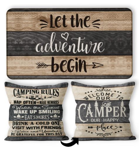 PRICES MAY VARY. 【Size】:Each set contains one door mat 17’’X30’’ and one decorative throw pillow cover 18’’X18’’ with no Filler or Insert.With a hidden zipper,it’s easy to put your insert in the pillow case and get a beautiful over appearance. 【High-Quality Material】:Throw pillow cover is made of high quality linen while door mat is made of latest non-slip recycled rubber and topped with polyester felt.It has high-quality construction. 【Nice Home Decor】:Exclusive and beautiful designs make a sty Camper Decorations, Rug Form, Gifts For Rv Owners, Camping Rules, Happy Drink, Adventure Campers, Log Cabin Decor, Camper Camping, Let The Adventure Begin