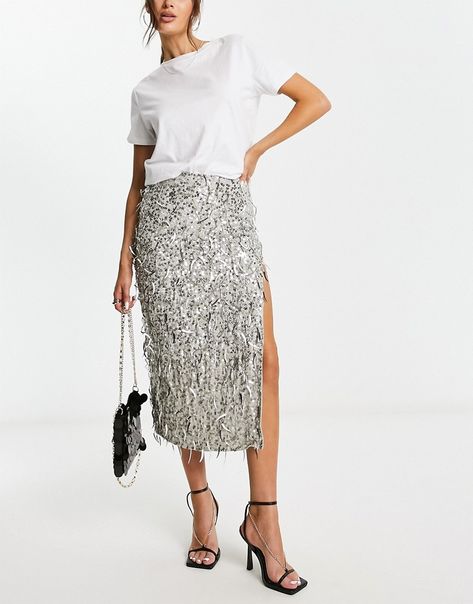 Plus Size Sequin Skirt, Silver Sequin Skirt, Glitter Skirt, Textured Midi Skirt, Silvester Outfit, Birthday Vibes, Sequin Midi Skirt, Silver Skirt, Sequin Outfit