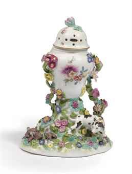 A Meissen potpourri vase and cover  Circa 1750, with blue crossed-swords mark  Of baluster form with pierced domed cover, painted with sprays of flowers, encrusted with branches of flowers issuing from a branch on a rockwork mound applied with sporting hound and game birds China Vase, Meissen Porcelain, Dresden Porcelain, Porcelain Art, Rococo Style, Porcelain Flowers, Antique Porcelain, Objet D'art, Fine Porcelain