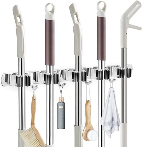 Amazon.com: IMILLET Broom Holder Wall Mounted, Stainless Steel Broom Mop Holder Self Adhesive Heavy Duty Hooks Storage Organizer for Home Laundry Room Garden Garage Closet Kitchen 1 Pack（5 Racks with 4 Hooks） : Tools & Home Improvement Broom Rack, Broom Organizer, Mop And Broom Holder, Plastic Broom, Garage Closet, Broom Hanger, Mop Holder, Garden Garage, Broom Holder