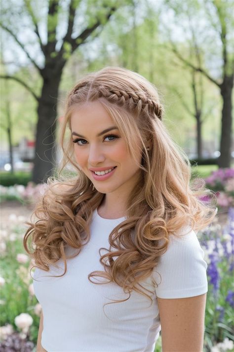 Braid Crown With Curls, Wedding Hairstyles Down With Braid, Braided Front Hair, Wedding Side Braid Hairstyles, Curled Hair For Prom, Half Braided Hair, Bridesmaid Braided Hairstyles, 2 Braided Pigtails, Intricate Braided Hairstyles