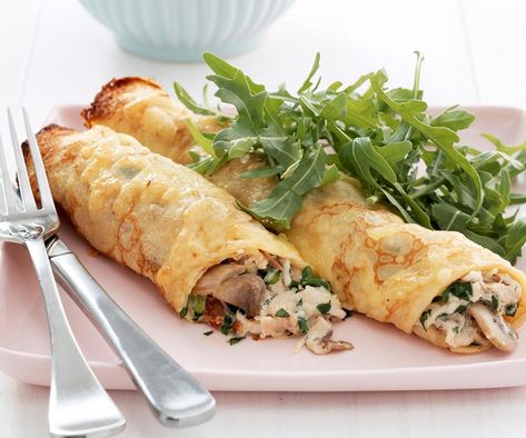 Chicken and mushroom crepes | Australian Women's Weekly Food Pancake Fillings, Baked Chicken And Mushrooms, Mushroom Crepe, Chicken Crepes, French Crepe Recipe, Gluten Free Crepes, Crepes Recipe, Nutella Crepes, French Crepes