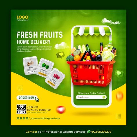 Contact for “Professional Design Service” +923411299279 (whatsapp) Creative concept social media instagram post for Online Food Delivery template Contact For #freepik #creative #banner #post #template #delivery #food #grocery #fruit #vegetable Fruit Grocery, Mobile Advertising Design, Creative Social Media Post, Medical Website Design, Grocery Ads, Supermarket Design, Creative Advertising Design, Food Graphic Design, Social Media Poster