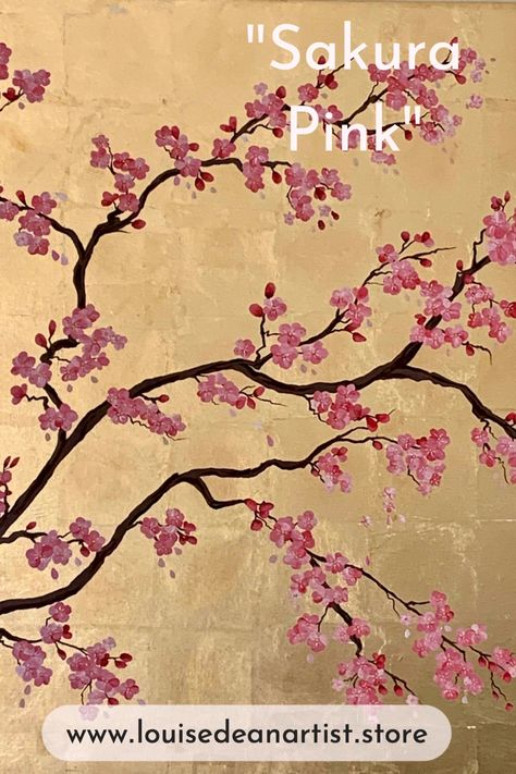 Cherry Blossom Painting Acrylic, Sakura Painting, Cherry Blossom Wall Art, Oil Painting Lessons, Japanese Blossom, Cherry Blossom Painting, Gold Art Painting, Grass Painting, Art Journal Cover