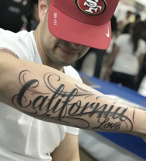 Letter Tattoo On Hand, Letter Tattoos On Hand, A Letter Tattoo, Heart Wrist Tattoo, Panel Tattoo, California Tattoos, Forearm Name Tattoos, Cali Tattoo, Forearm Cover Up Tattoos