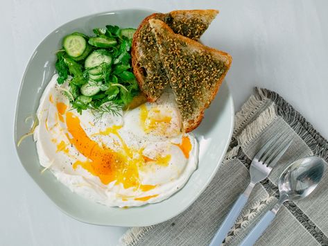 Labneh Toast, Labneh Breakfast, Easy Breakfast Bowls, Sourdough Toast, Adult Lunches, Egg Bowl, Herb Salad, Za Atar, Egg Toast