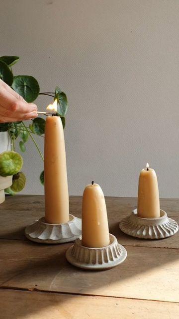 Hilda Carr Pottery on Instagram: "Lots of new things out of the kiln this morning including a few of these candle plates. They'll be available 👉🏻 THIS THURSDAY 17TH at 7pm 👈🏻 (hooray!) And there'll be the option to purchase them with or without a pair of these gorgeously chunky beeswax candles. - - #hyggehome #ceramics #myhomestyle #myhomevibe #myscandihome #pottery #handcarved #handmadeceramics #handmadepottery #wheelthrown #shopsmall #justacard #wearethemakers" Hand Built Pottery Candle Holder, Candle Holder Ceramics, Pottery Without A Wheel, Pottery Candle Holders Ideas, Creative Ceramics Ideas, Candleholder Ceramic, Chunky Candle Holders, Diy Candle Stick Holder, Candle Holders Diy