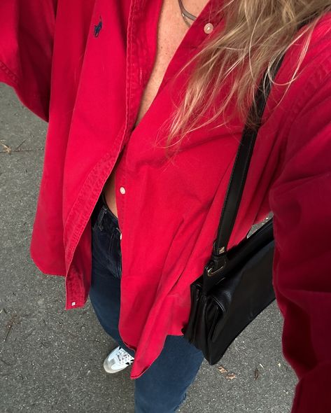 the perfect red button up 🙌🏼 @badtouristvintage Fall outfit ideas, fall style inspo, vintage style, oversized shirt, sustainable style Red Collar Shirt Outfit, Red Button Up Outfit, Red Button Up Shirt Outfit, Red T Shirt Outfit, Style Inspo Vintage, Collared Shirt Outfits, Button Down Outfit, 2025 Style, Red Button Up Shirt