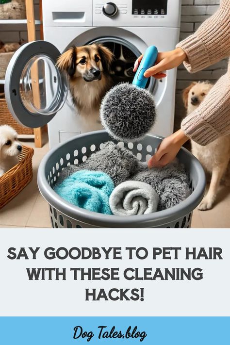 Basket of laundry with pet hair, two dogs in the background, and a hand holding a lint remover. Text: "Say goodbye to pet hair with these cleaning hacks!" How To Keep Dog Hair Off Of Everything, How To Get Pet Hair Off Clothes, How To Get Dog Hair Off Clothes, Dog Shedding Hacks, How To Clean Dog Hair In House, How To Remove Dog Hair From Clothes, Remove Pet Hair From Laundry, Remove Dog Hair From Laundry, Pet Hair Removal Laundry