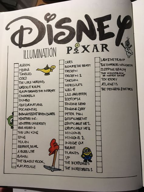 Disney Movies List, Travel Essentials Roadtrip, Organizator Grafic, Bullet Journal Ideas Templates, Disney Movies To Watch, Posca Marker, Bulletin Journal Ideas, Disney And Pixar, Travel Essentials List