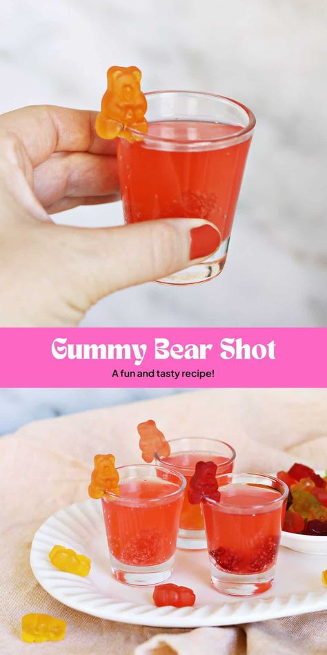 Gummy Bear Shot - A Beautiful Mess Gummy Bear Shots Recipe, Gummy Bear Shots Vodka, 50th Birthday Shots, Gummy Bear Jello Shots, Bear Themed Cocktails, Shotcuterie Party, Gummy Worm Cocktail, Gummy Bear Cocktail, Easiest Cocktails