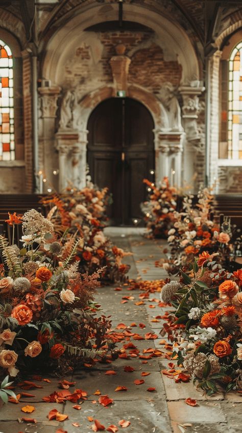 40+ Fall Wedding Ideas That Will Inspire You (Cake, Aisle, Table, Ceremony Decor, And More!) Indoor Autumn Wedding, Wedding Autumn Decoration, Wedding Autumn Ideas, Autumn Wedding Aisle, Fall Wedding Aisle Decor, Fall Theme Decor, Fall Wedding Aisle, Vintage Fall Wedding, Fall Ceremony